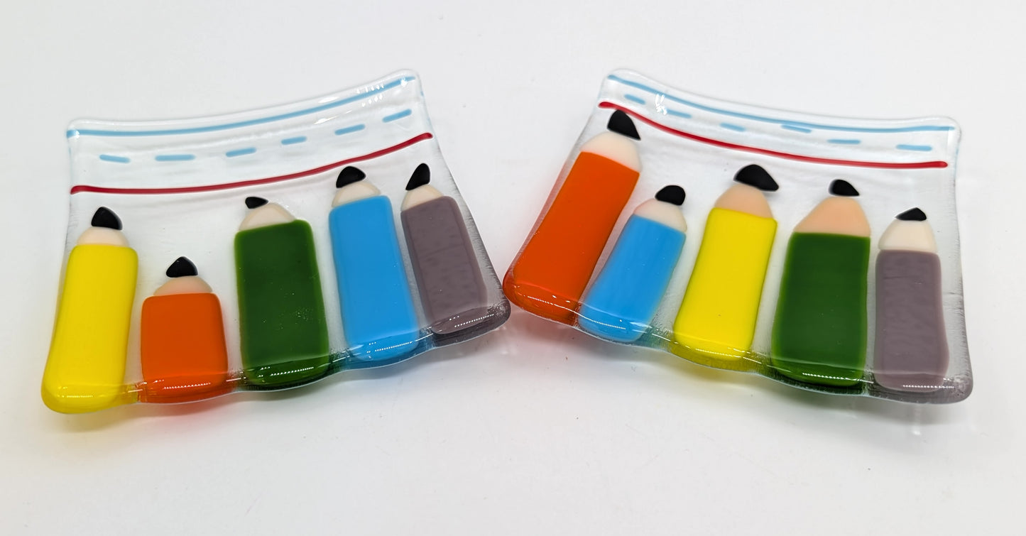glass square glass trinket trays with pencil design on it