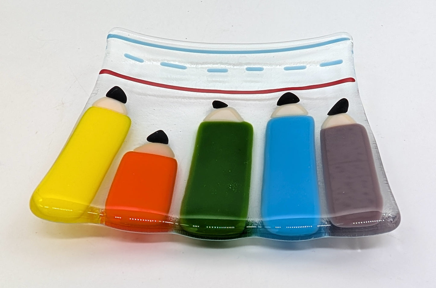 glass square glass trinket trays with pencil design on it