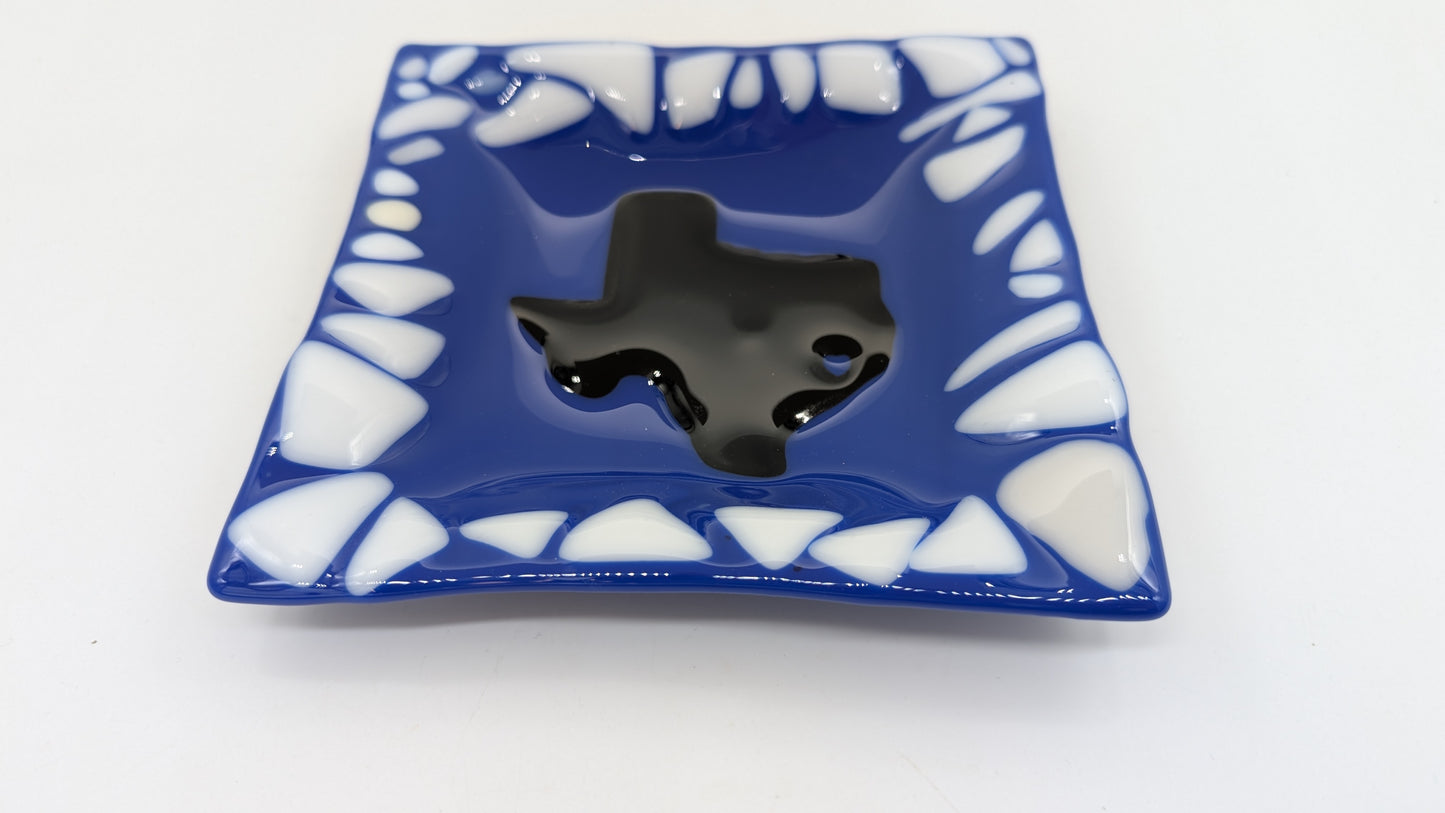 blue glass plate with texas shape