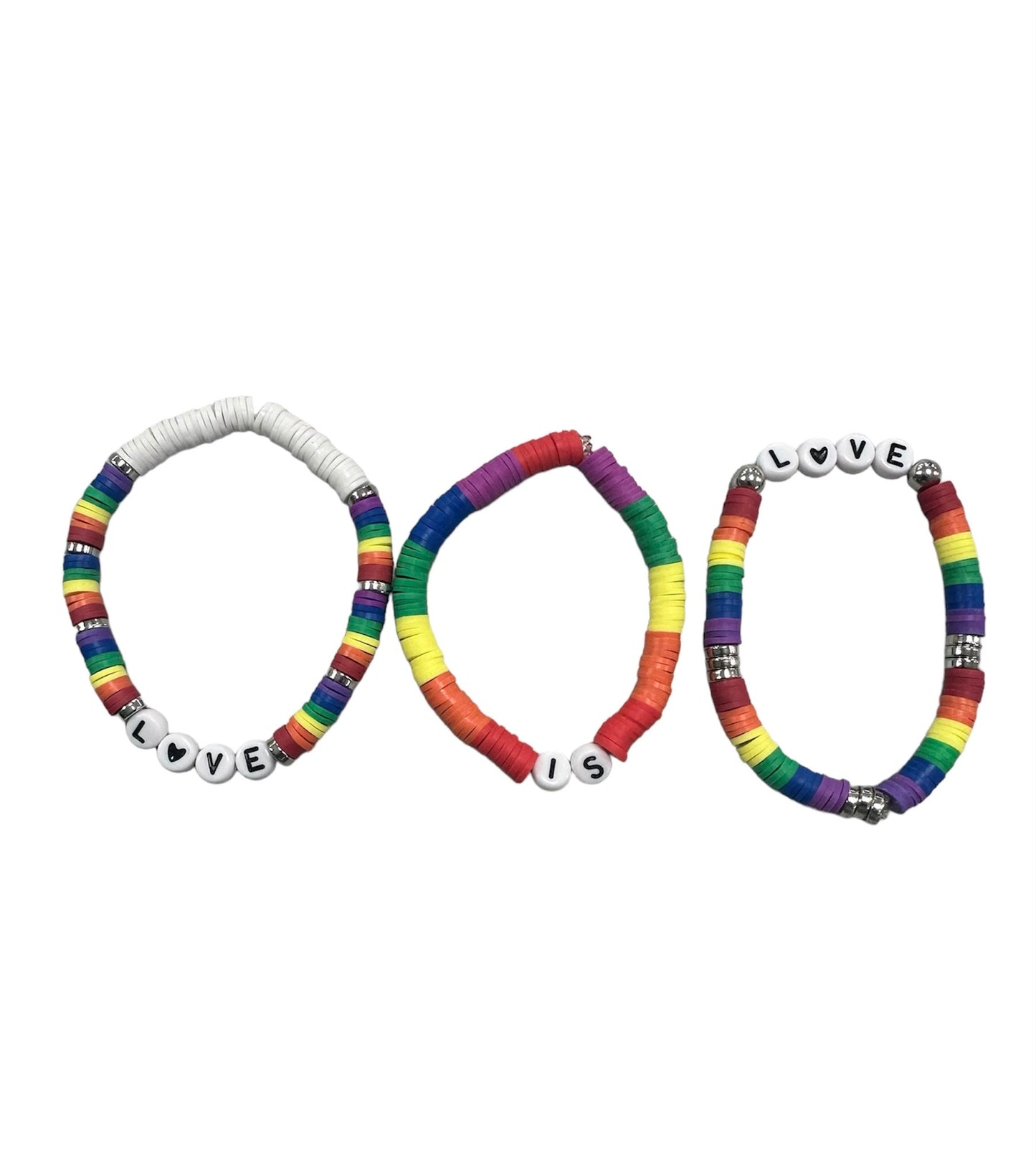 set of 3 bracelets with flat beads. 1 set rainbow with word love, 1 bracelet with rainbow beads with word is, 1 bracelet with rainbow and silver flat beads with the word love