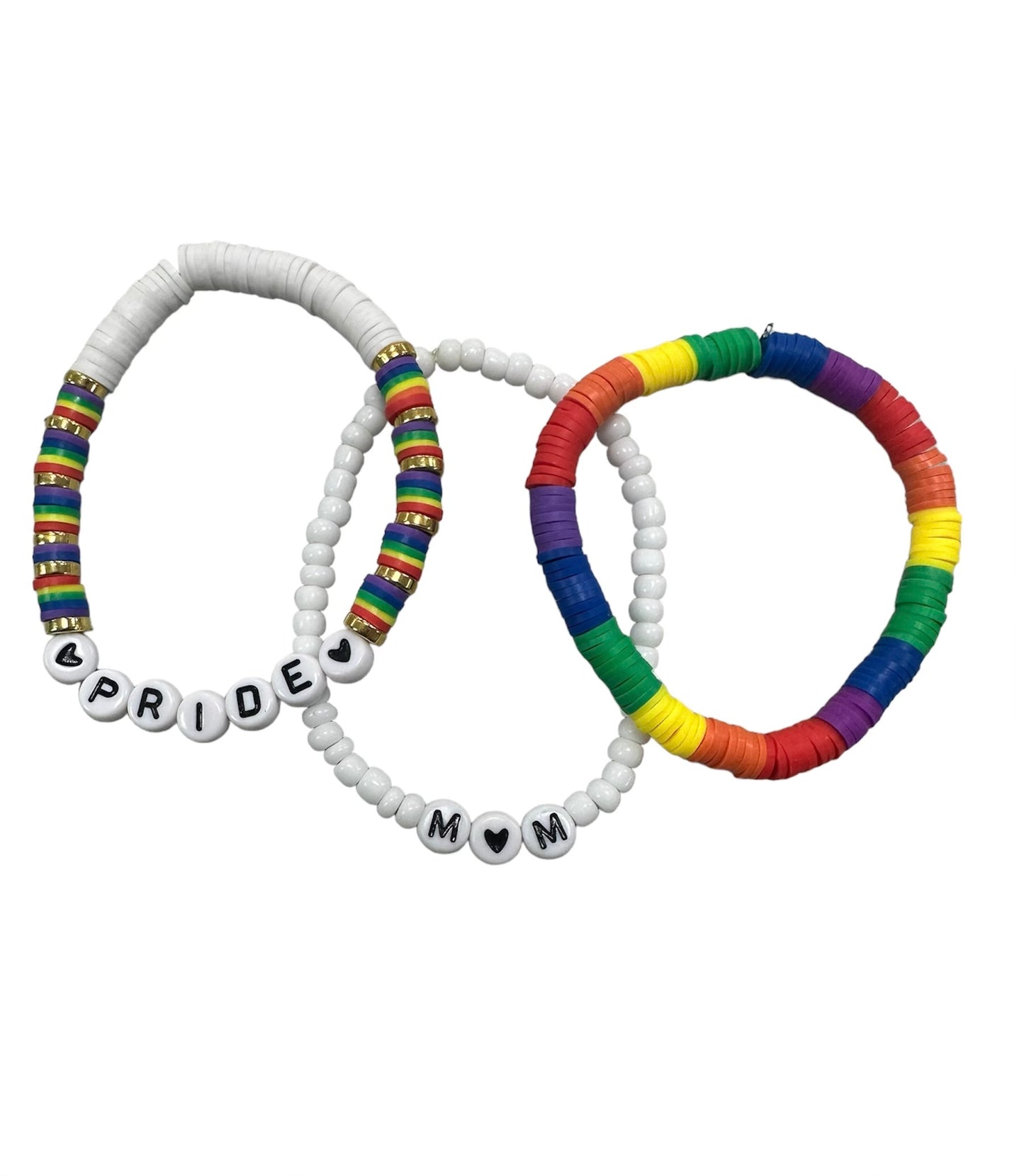 set of 3 bracelets with flat beads. 1 set rainbow, 1 bracelet with whit, rainbow, and gold beads pride, 1 bracelet with rainbow