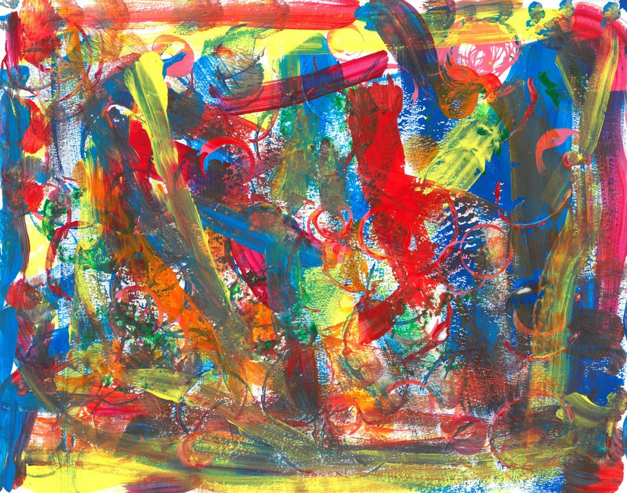 painting with lines of yellow, red, blue through out