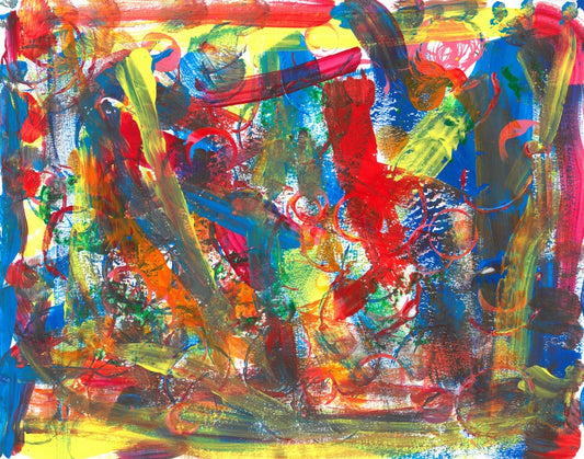 painting with lines of yellow, red, blue through out