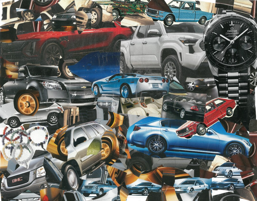 Artistic collage of motor vehicles, bracelets and watches