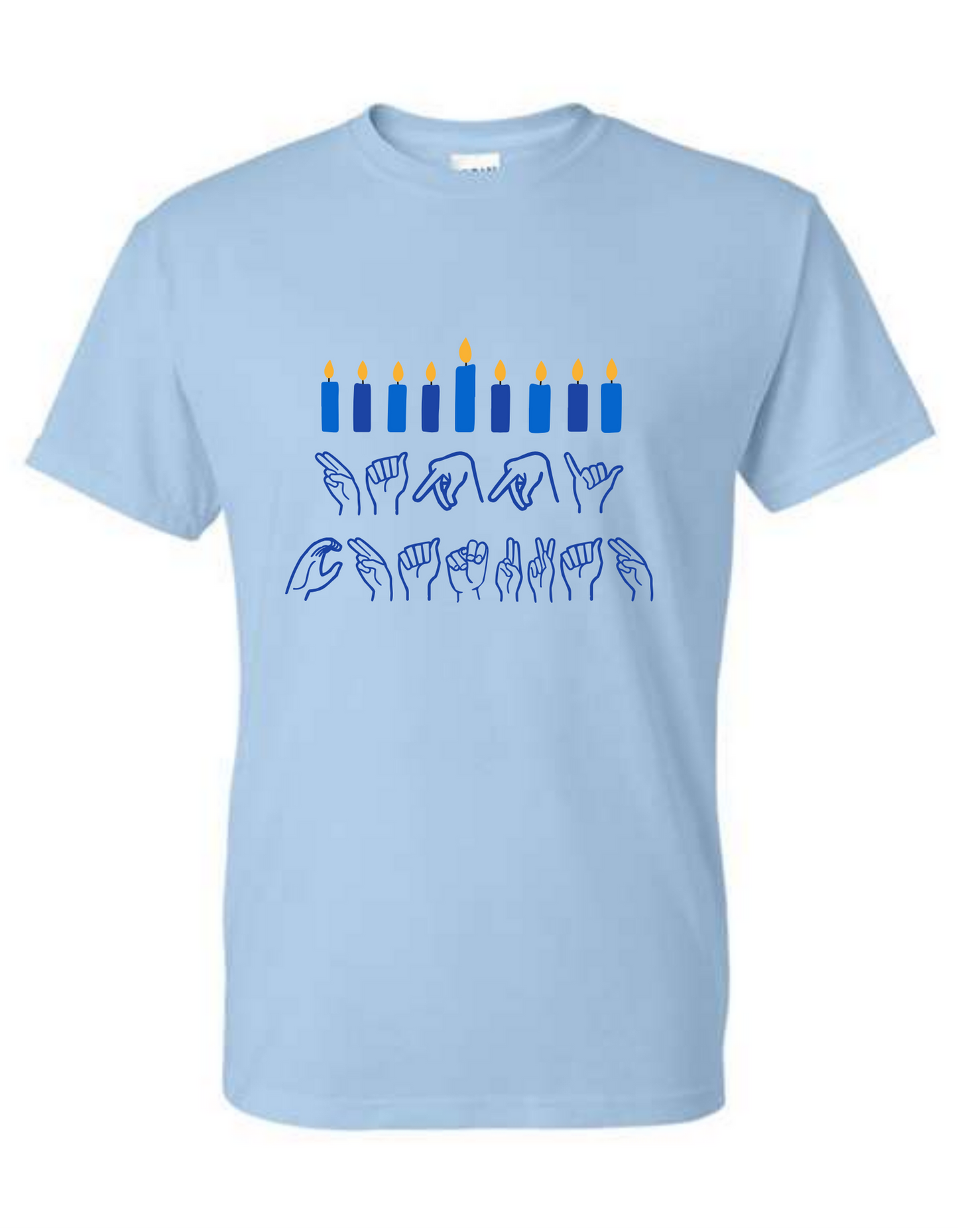 Light Blue Shirt with chanukah candles and sign language hands