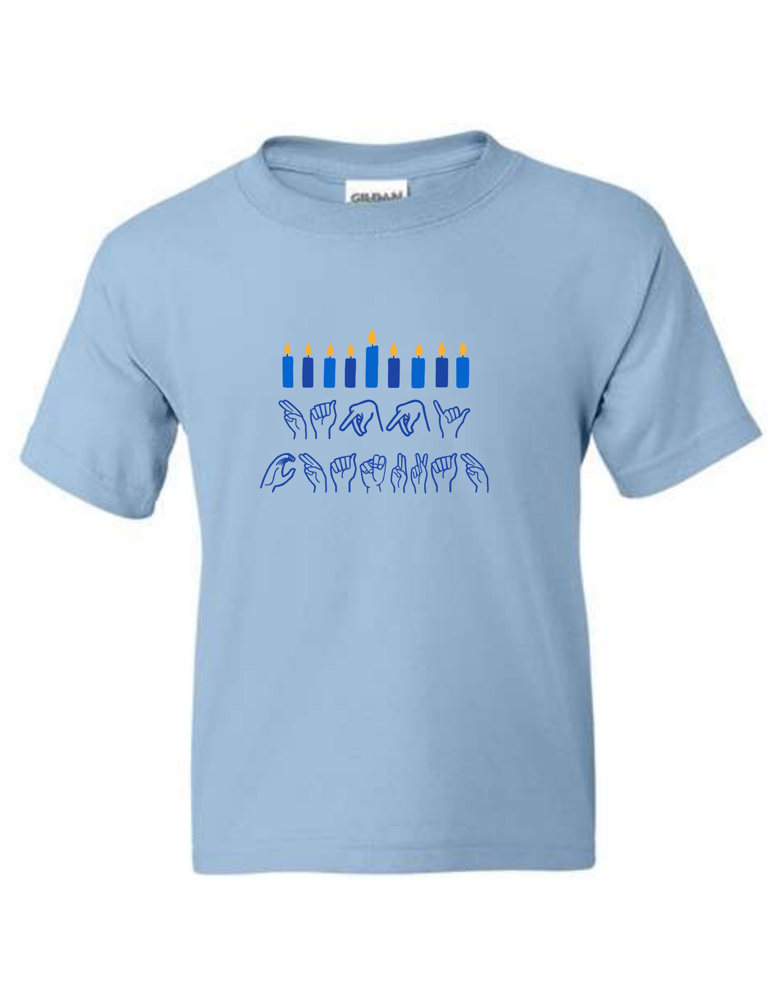 Light Blue Shirt with chanukah candles and sign language hands