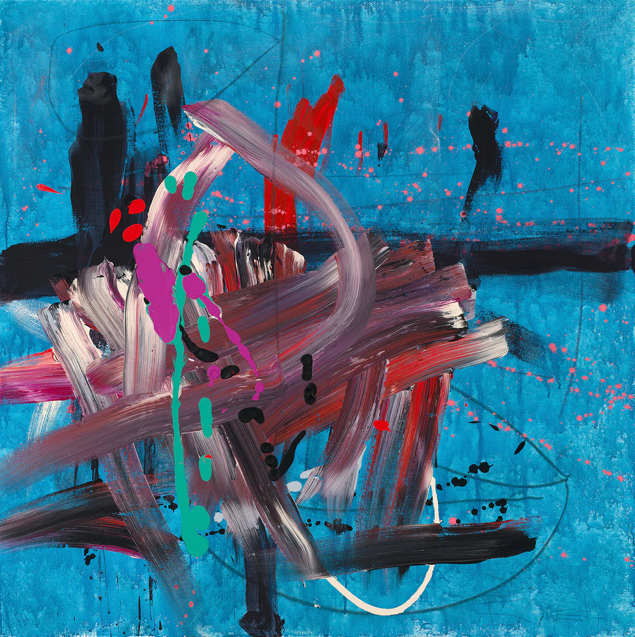 Abstract painting of red, white, and purple blending dashes on a blue background