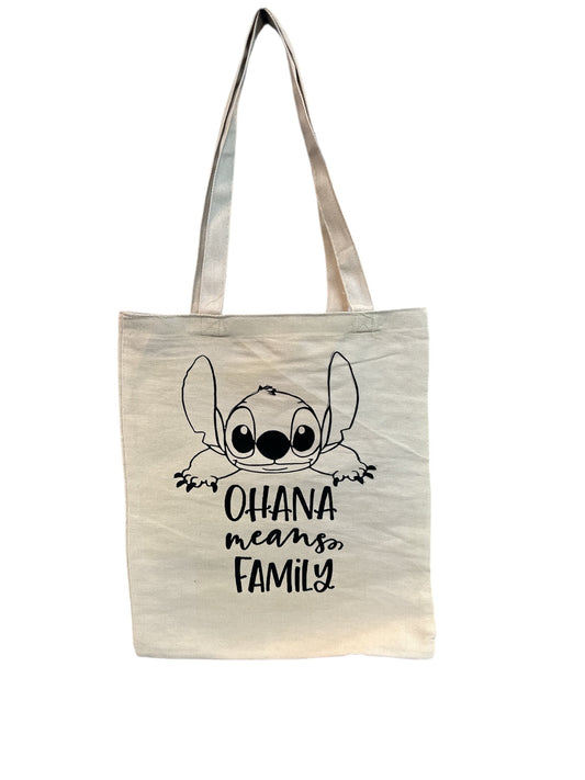 Disney Inspired tote bag with a stich character and a quote that says OHANA means family