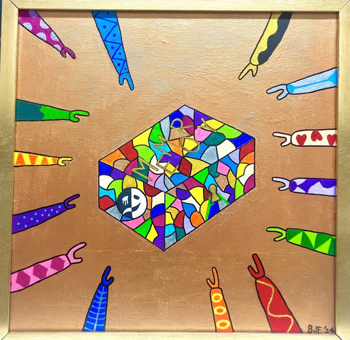 artistic rendering of a rainbow box in the middle with out stretched arms pointing to the box