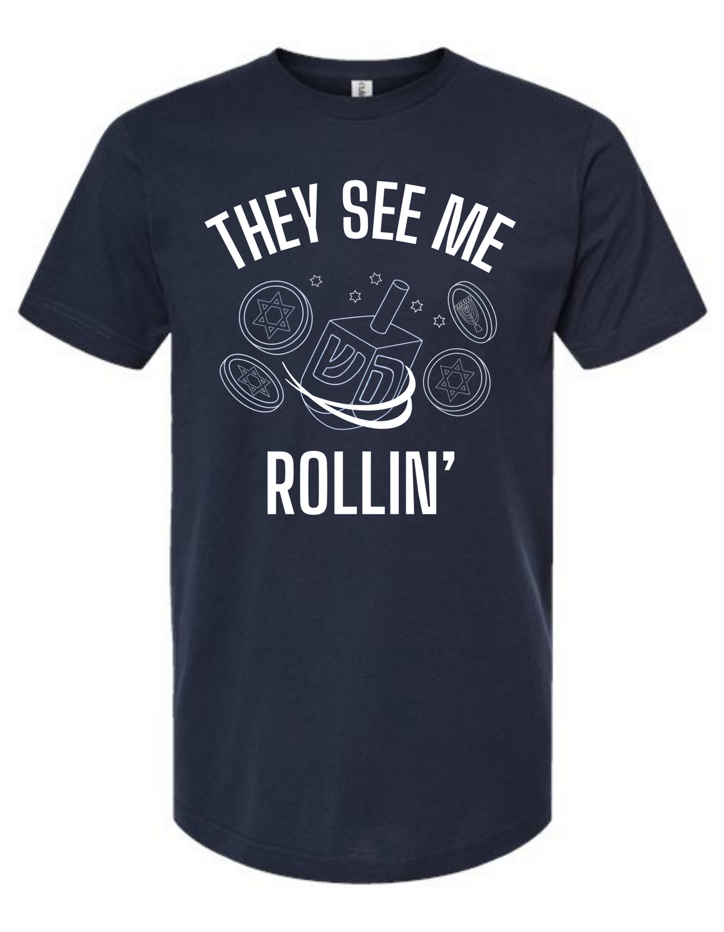 Navy Blue Shirt with text that says 'They see me rollin' and picture of dreidel.