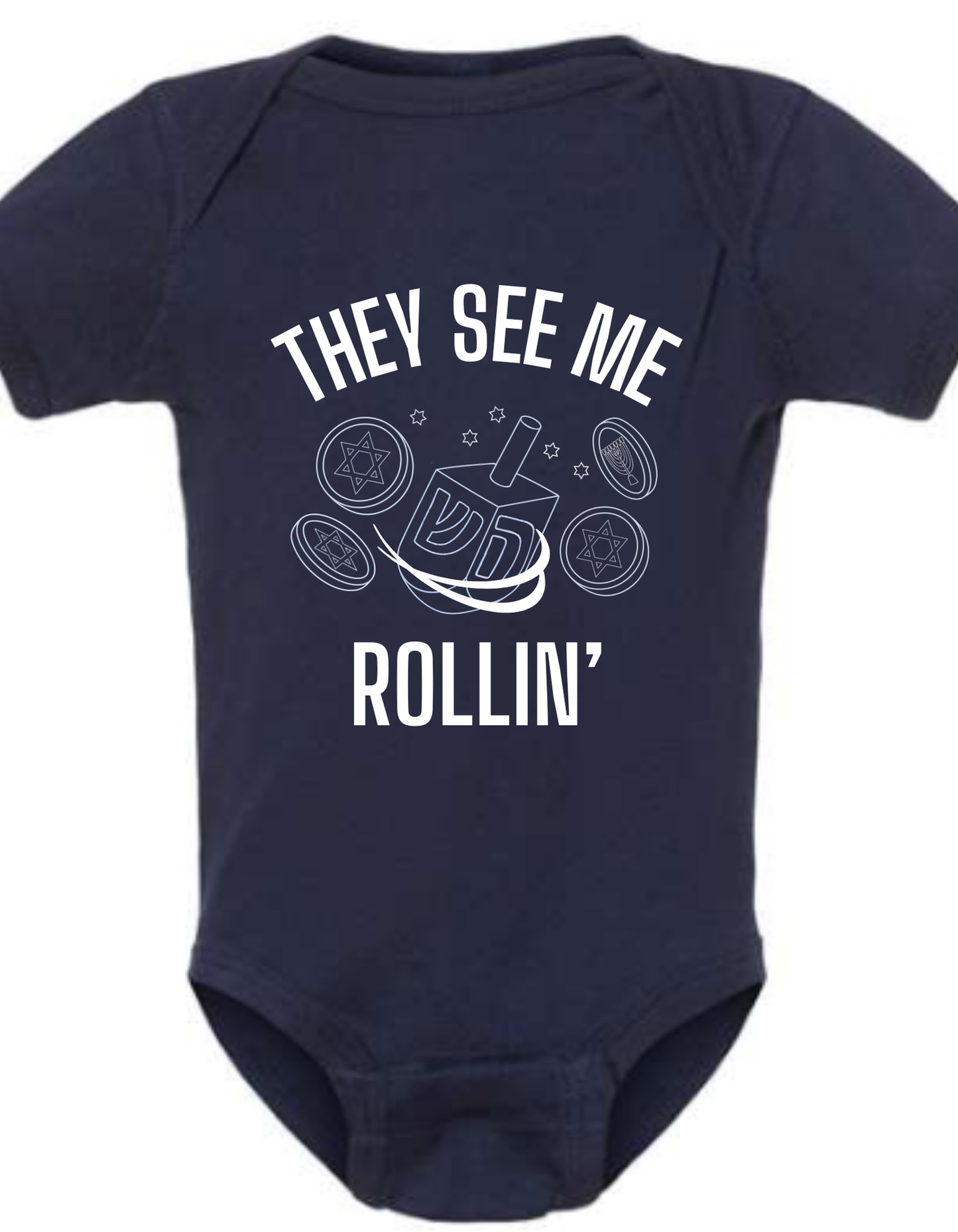 Navy Blue baby onesie with text that says 'They see me rollin' and picture of dreidel.