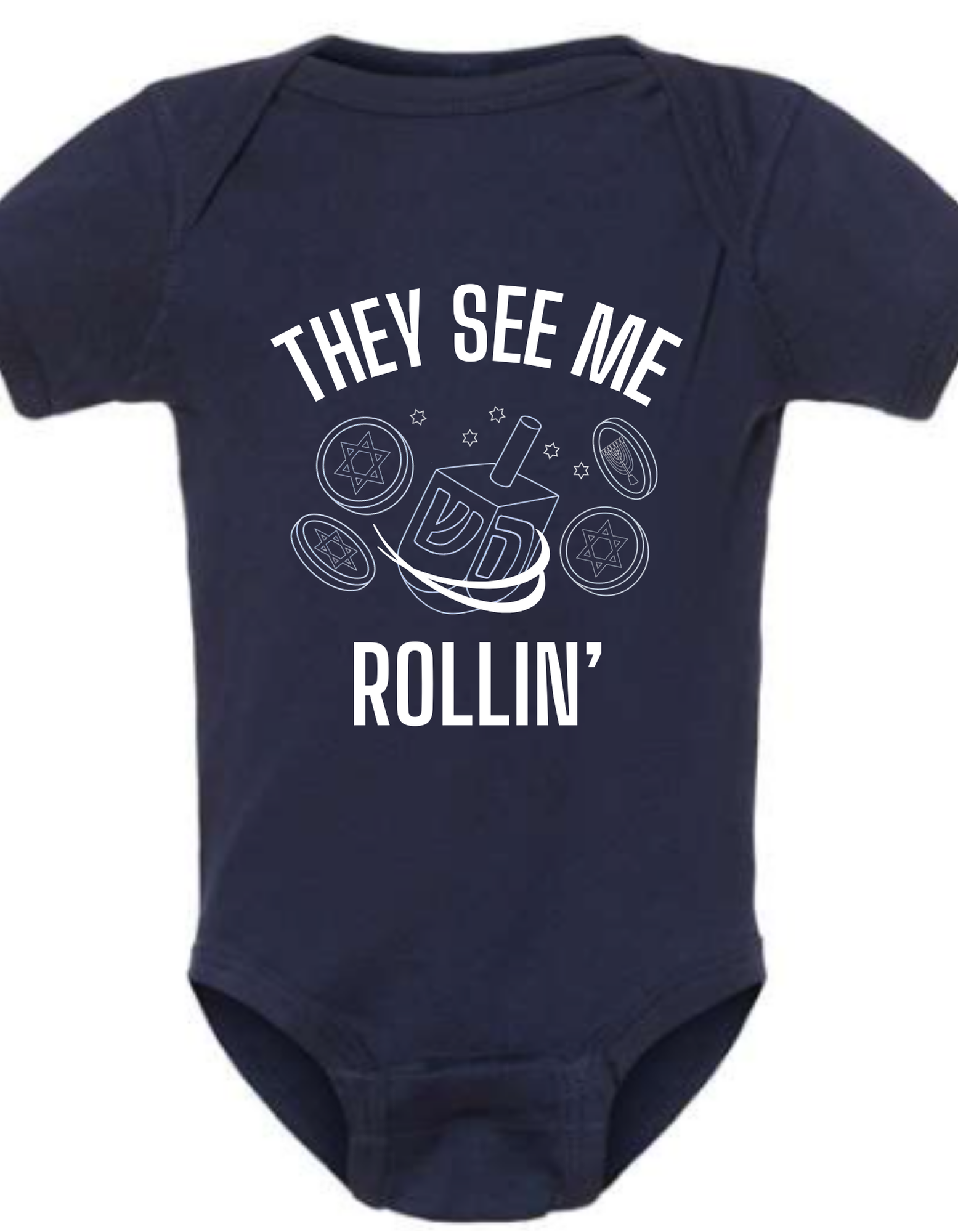 Navy Blue baby onesie with text that says 'They see me rollin' and picture of dreidel.