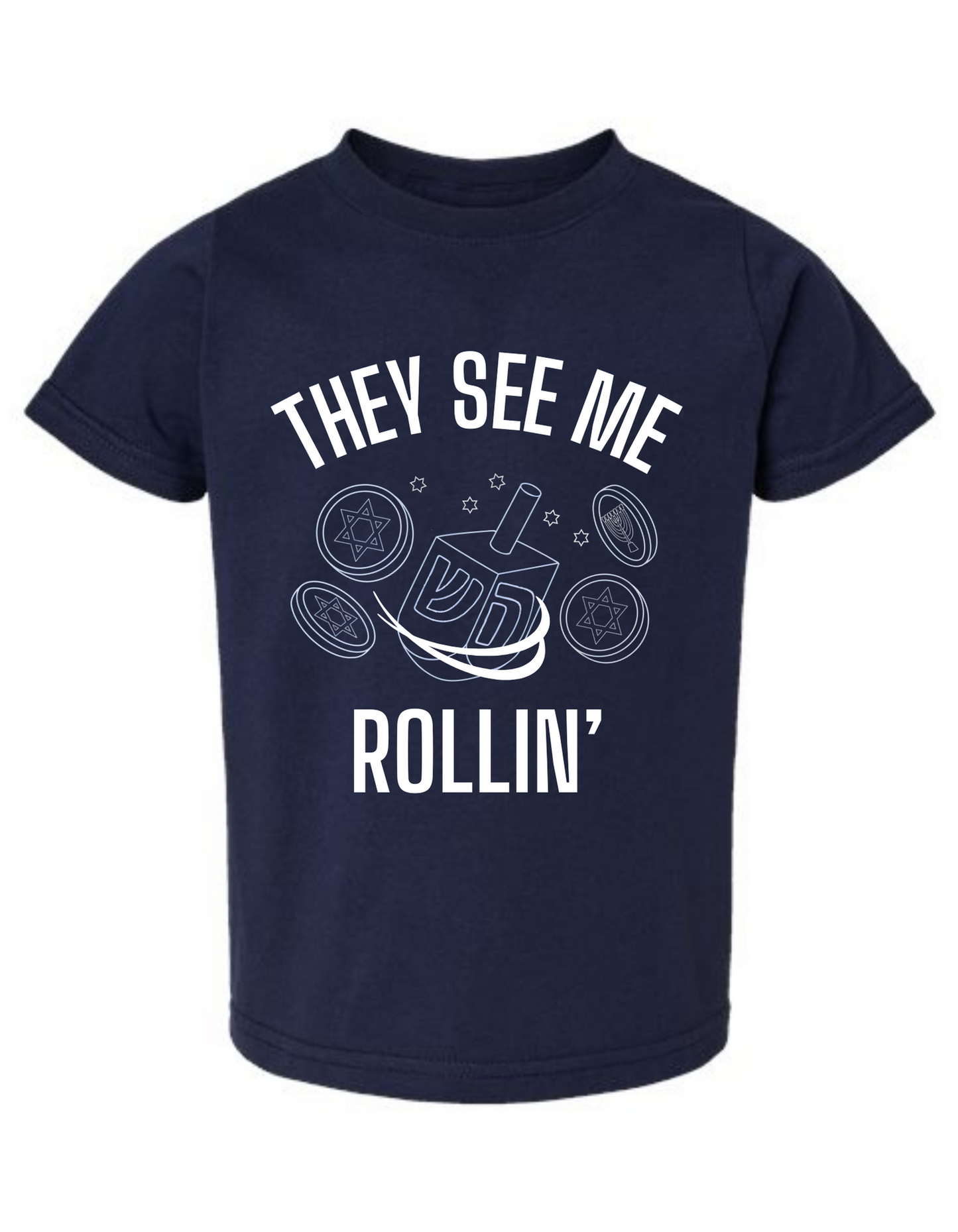Navy Blue Shirt with text that says 'They see me rollin' and picture of dreidel.