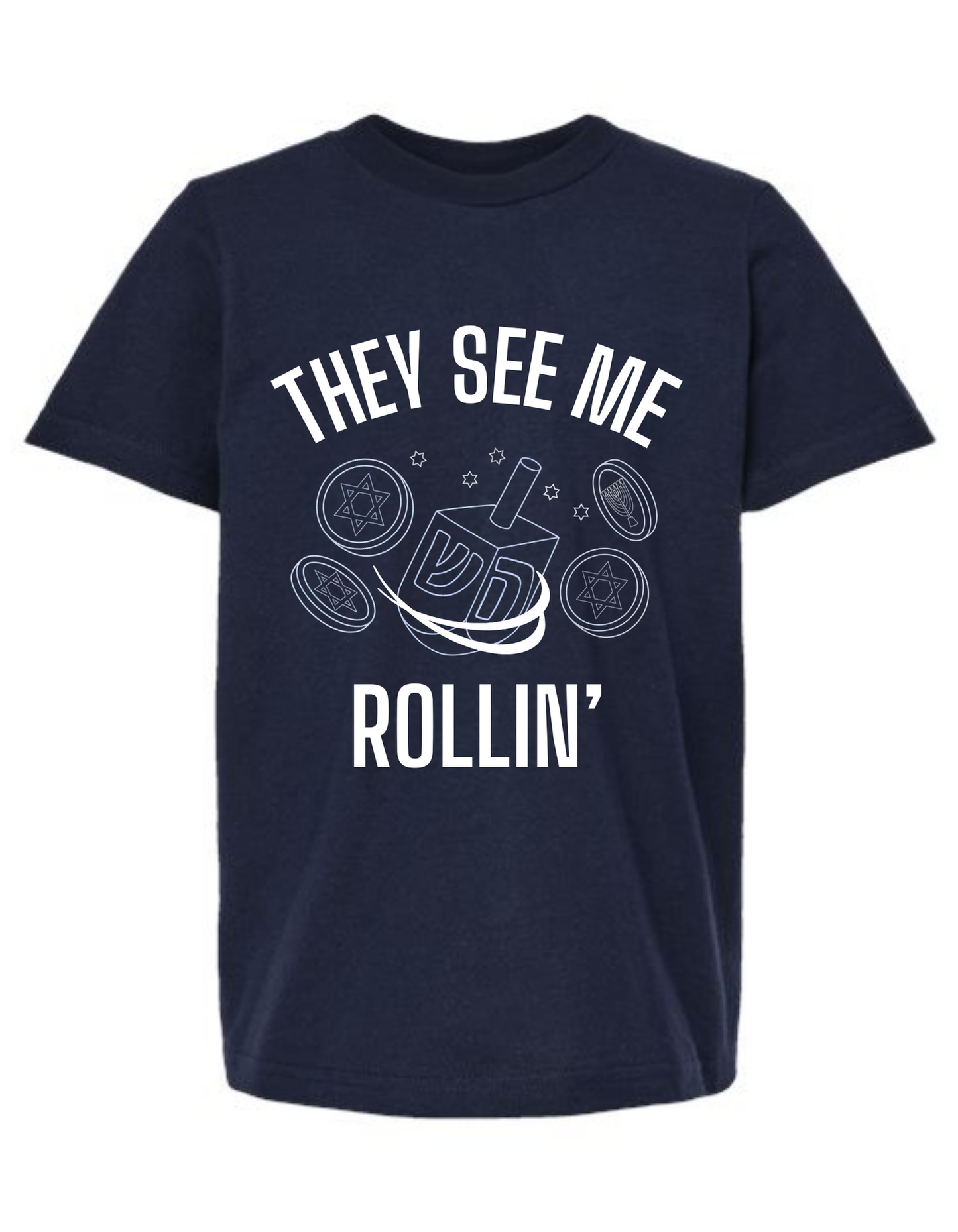Navy Blue Shirt with text that says 'They see me rollin' and picture of dreidel.
