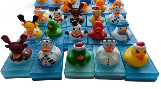 soap with winter themed rubber ducks inside