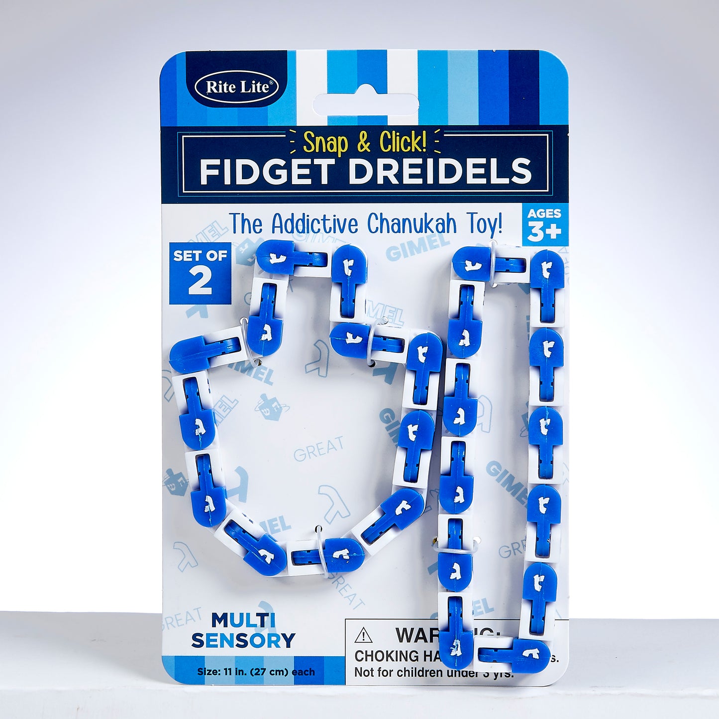 fidget toy loop made of blue and white dreidels