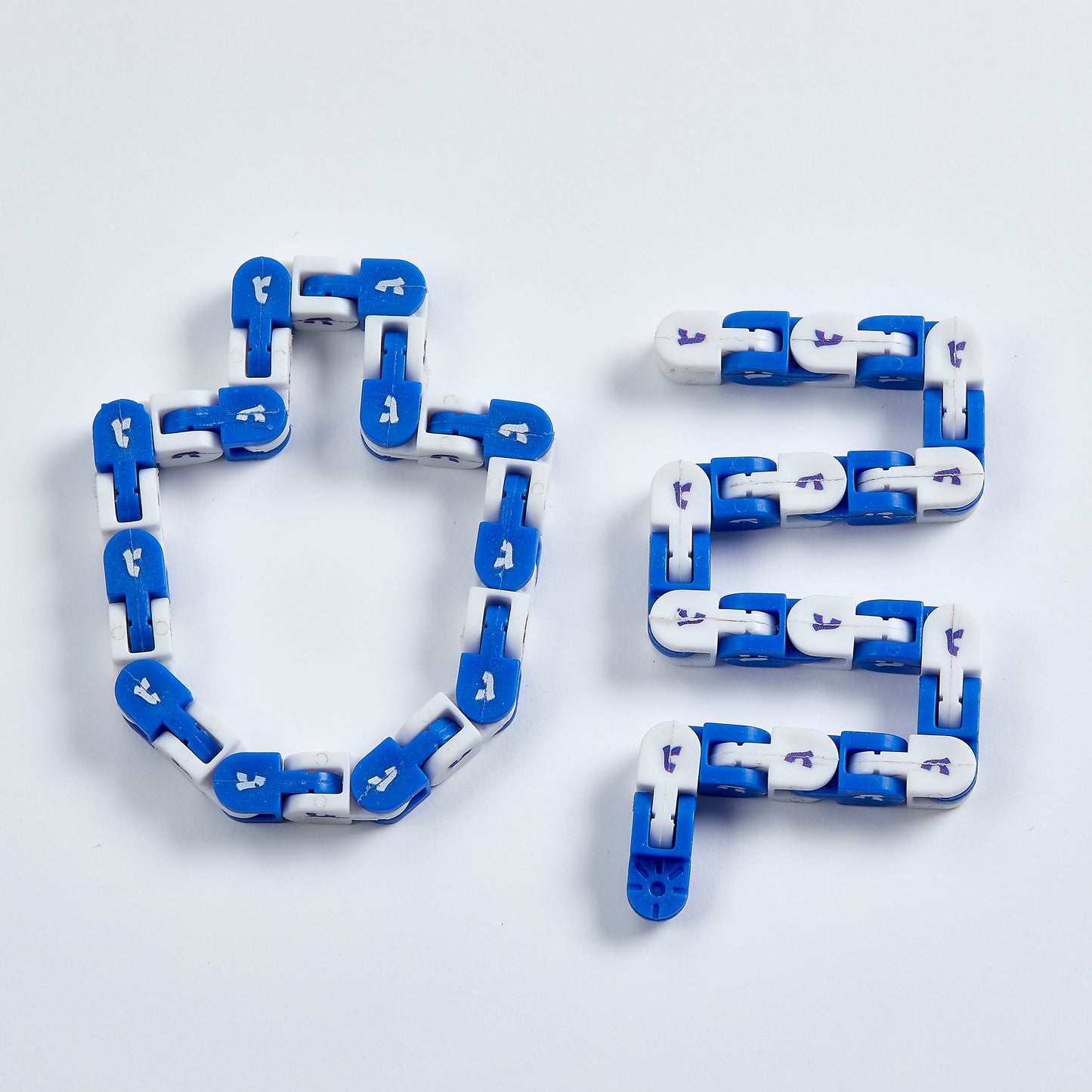 fidget toy loop made of blue and white dreidels
