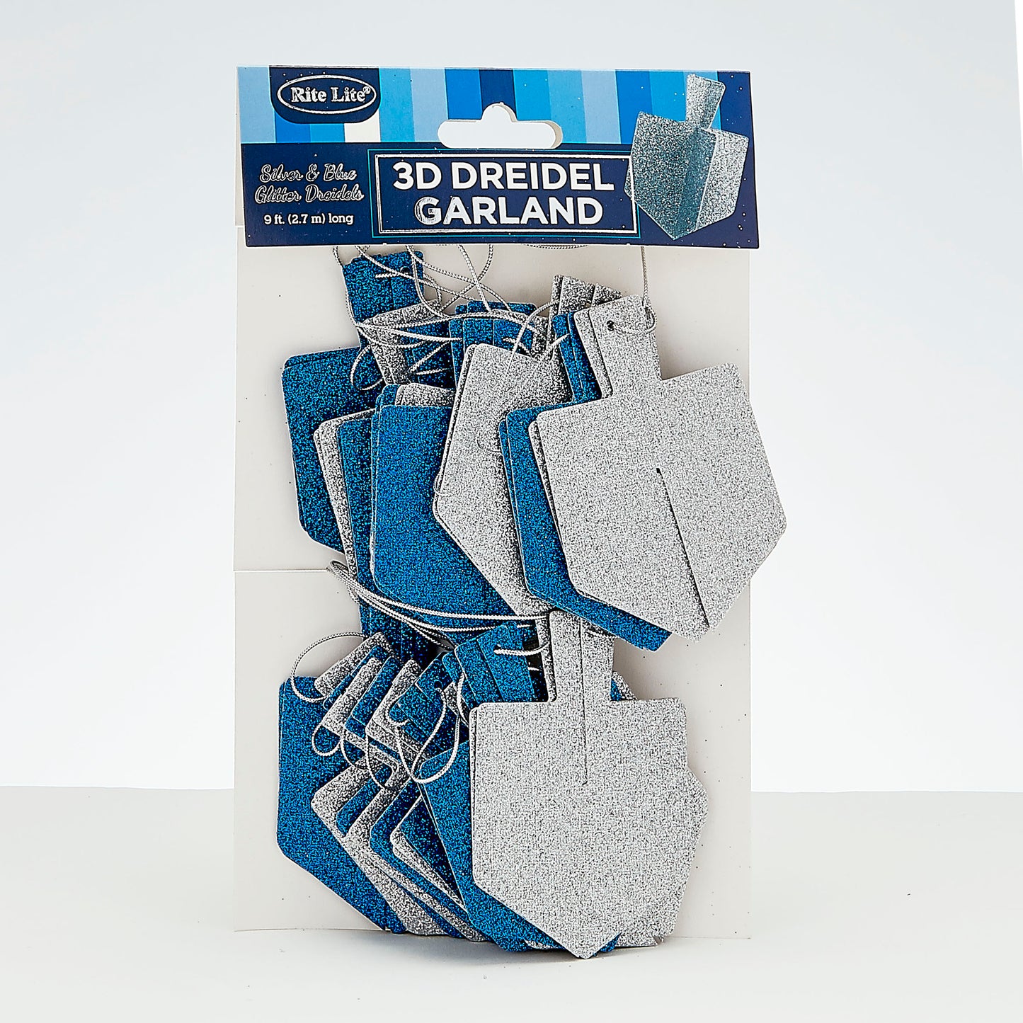 3D dreidel garland packaging with blue and gray colors on a white background