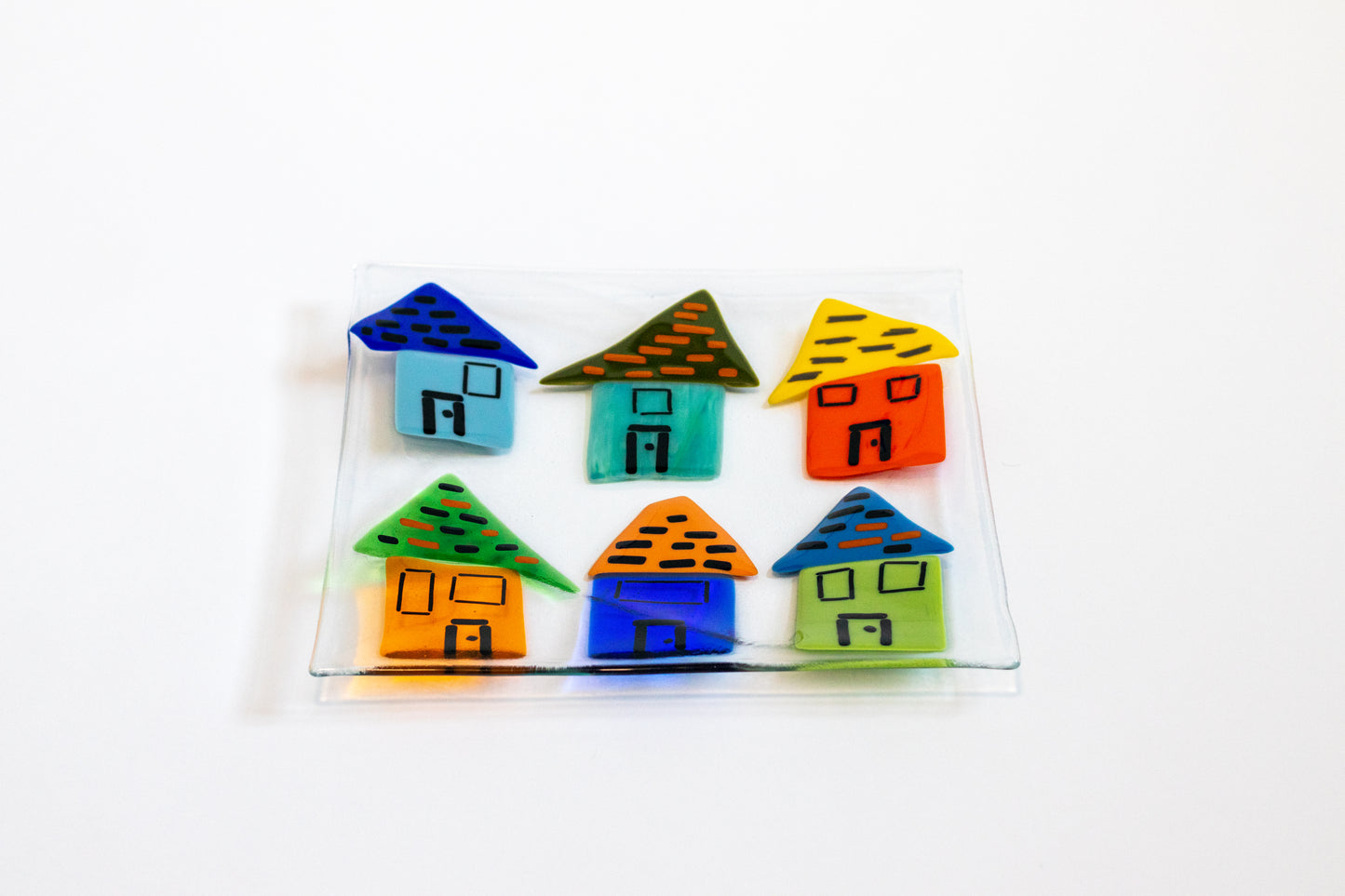 glass plate with 6 colorful houses in two rows