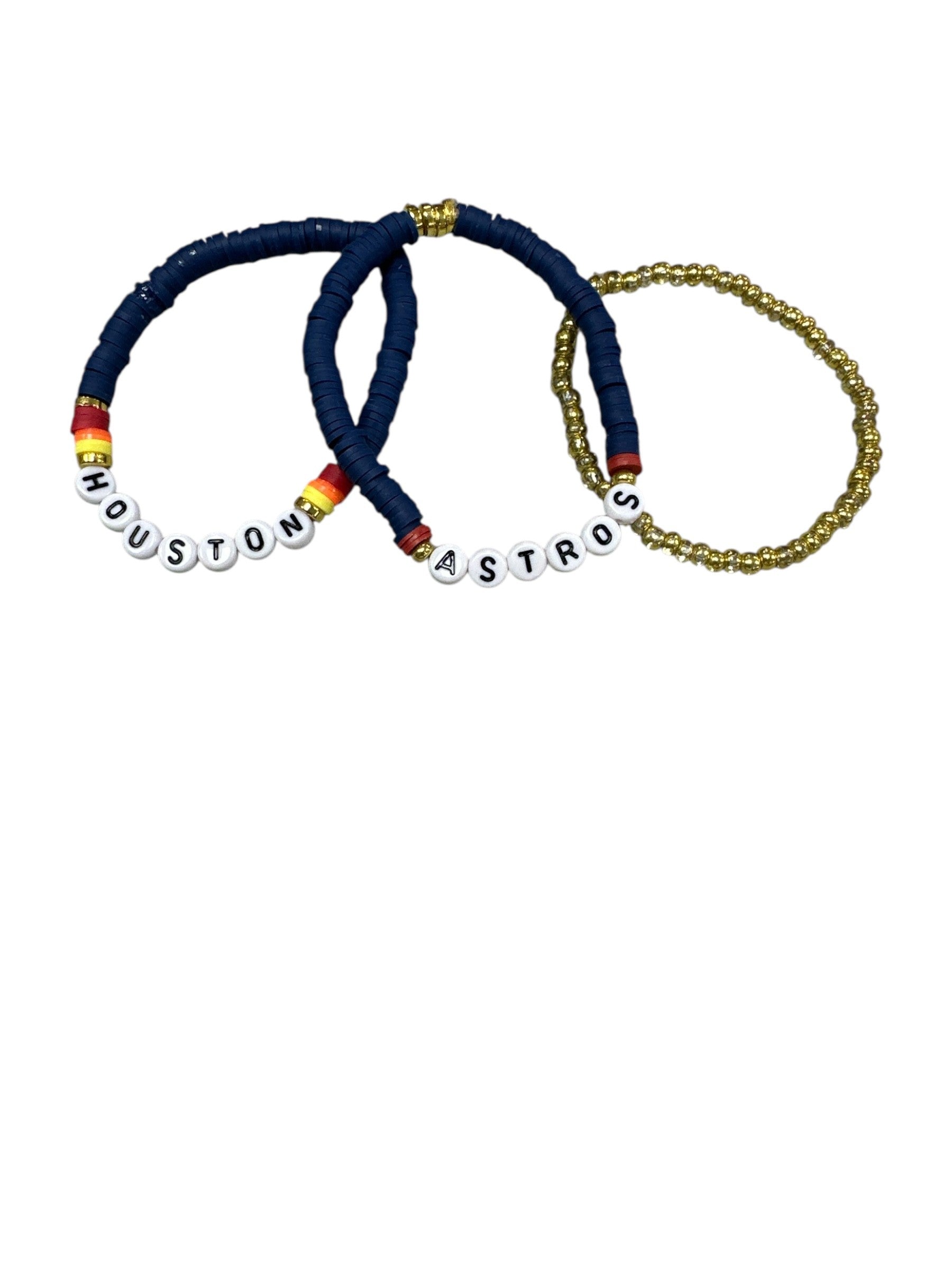 3 string astros bracelet; Gold, Blue yellow orange with Houston Astros saying.