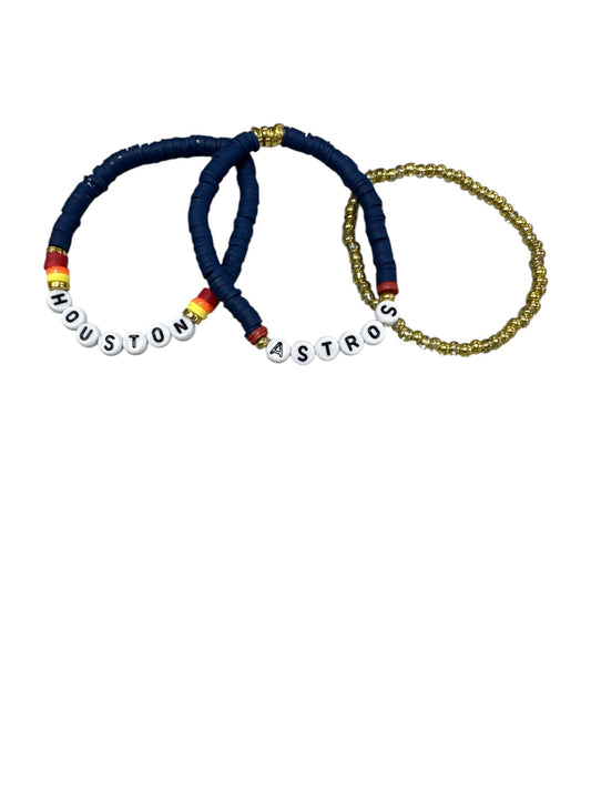 3 string astros bracelet; Gold, Blue yellow orange with Houston Astros saying.