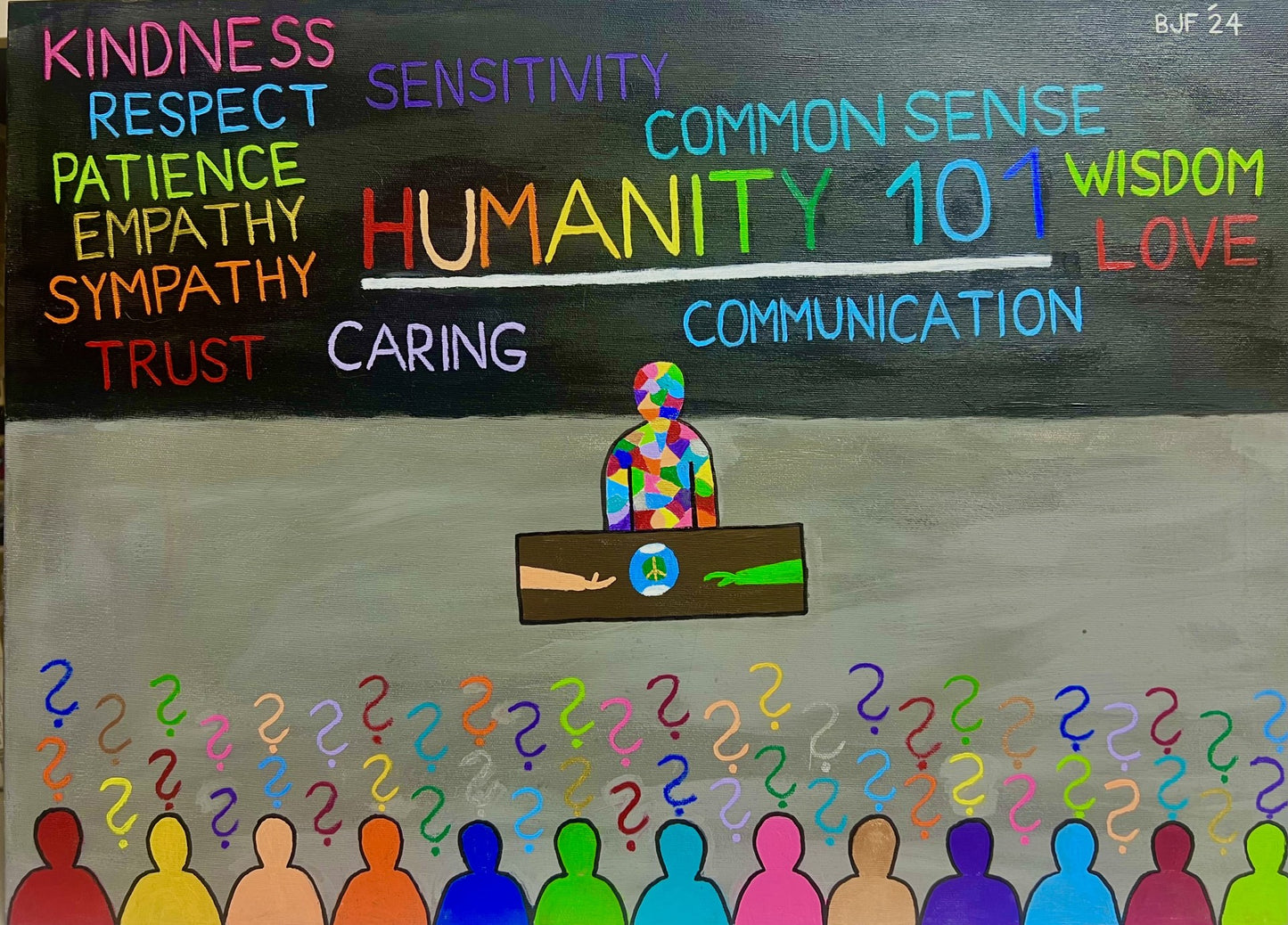 Artistic rendering of colorful person promoting progressive ideals to an audience