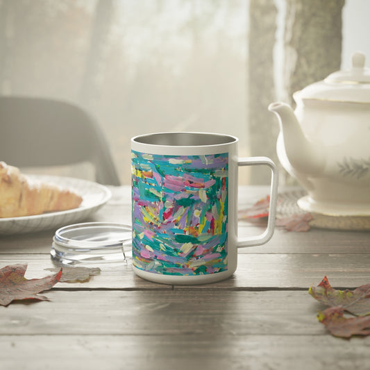 insulated mug with abstract artwork on them