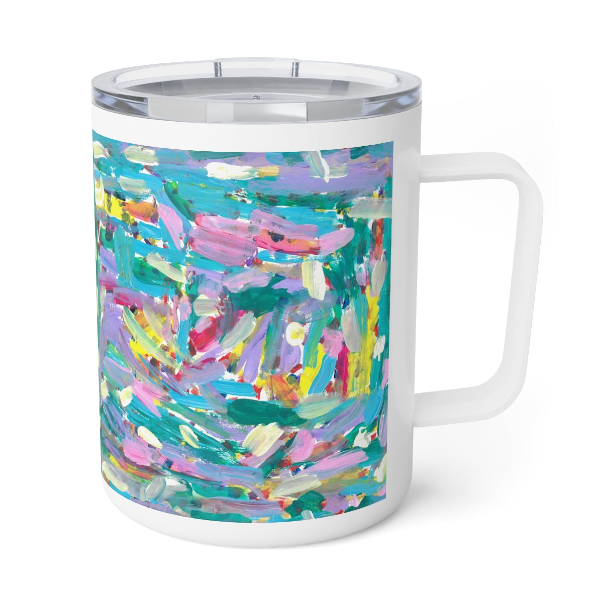 insulated mug with abstract artwork on them