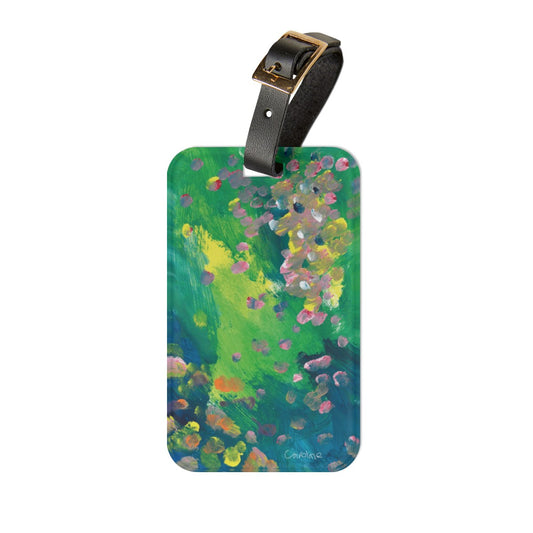 luggage tag of abstract green painting with yellow and pink