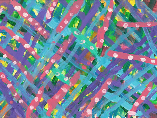 painting of diagonal lines of blue, purple, and pink