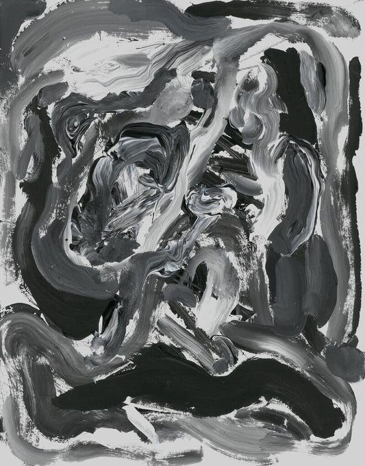 black and white painting of swirling lines
