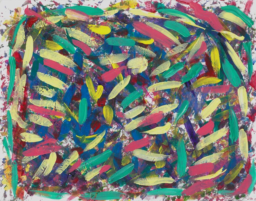 painting with bright lines over a dark background