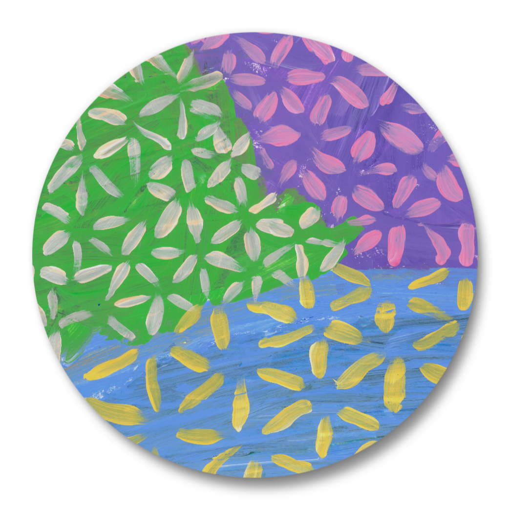 compact mirror with a design of blue, purple, and green sections with lines that look like flowers across the whole pattern