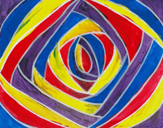 painting of stripes radiating from the center outlined in white