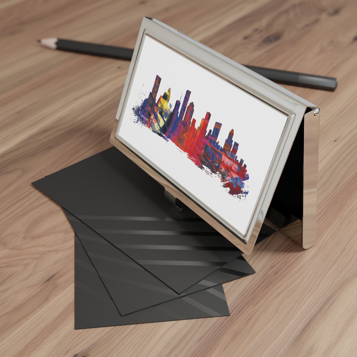 metal business card holder with an image of the Houston skyline