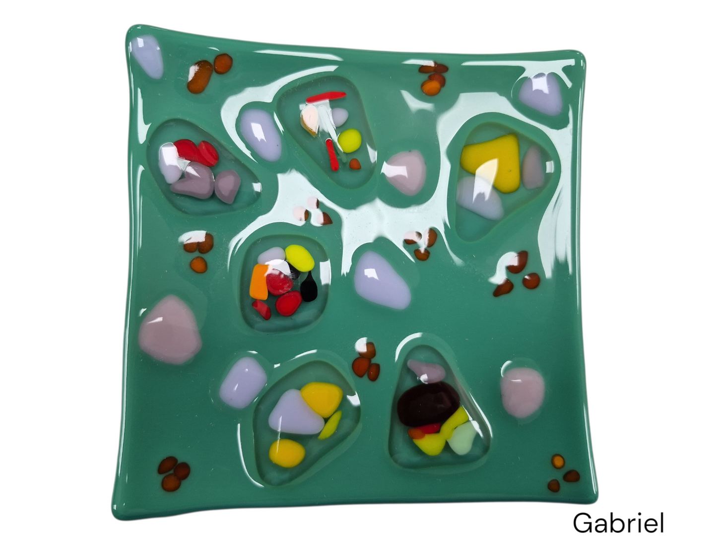 Colorful Green Wavy Glass Plate with colorful dots