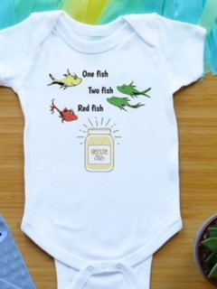 onesie with image of dr suess style image that says one fish, two fish, red fish, gefilte fish