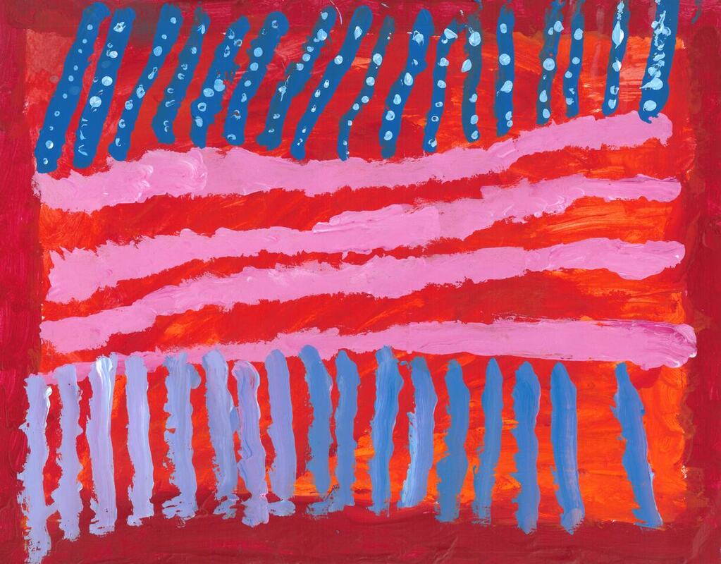 purple, pink, and blue lines against red background