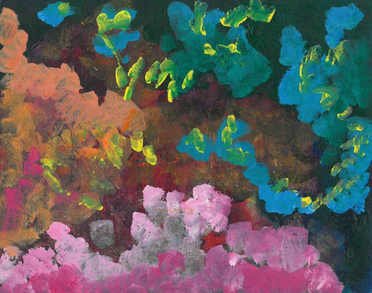 dark multilayered painting with layers of blue and pink