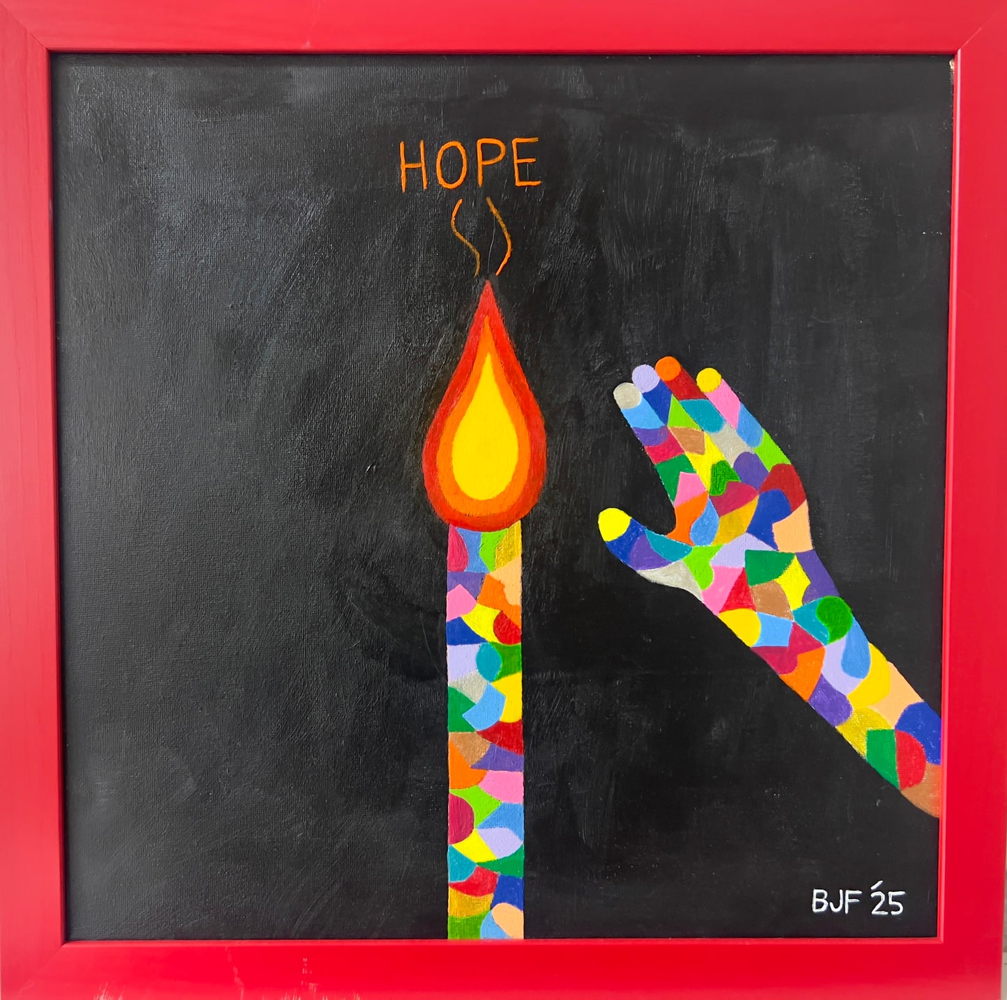 artistic rendering of a rainbow hand and candle against a black background wit the word hope above the flame