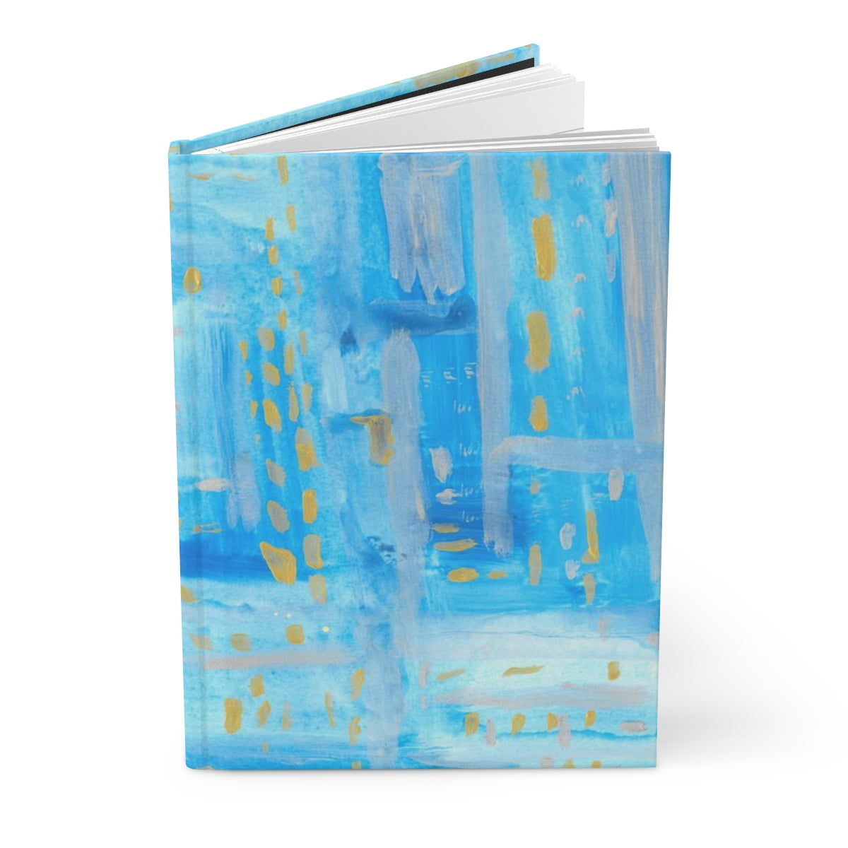 lined hardcover journal with a cover of blue, silver, and gold