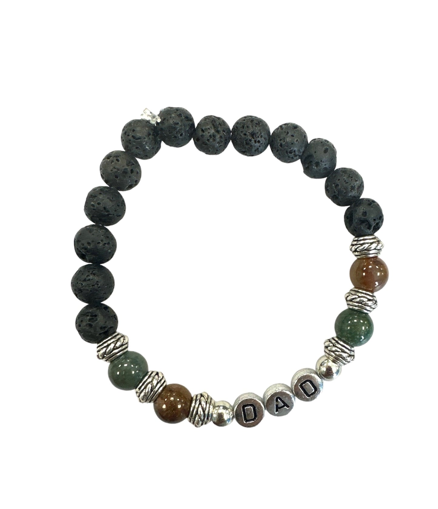 Dad bracelet with multicolor gemstone with black round stone beads with a text of DAD in silver.