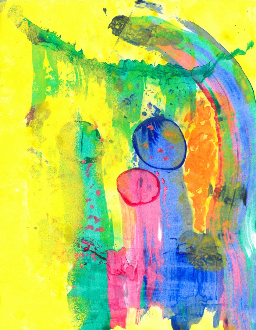 Abstract painting of blue, red and green swirls on a yellow background