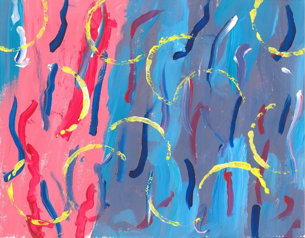 blue and pink background with lines and rings ontop
