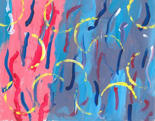 blue and pink background with lines and rings ontop