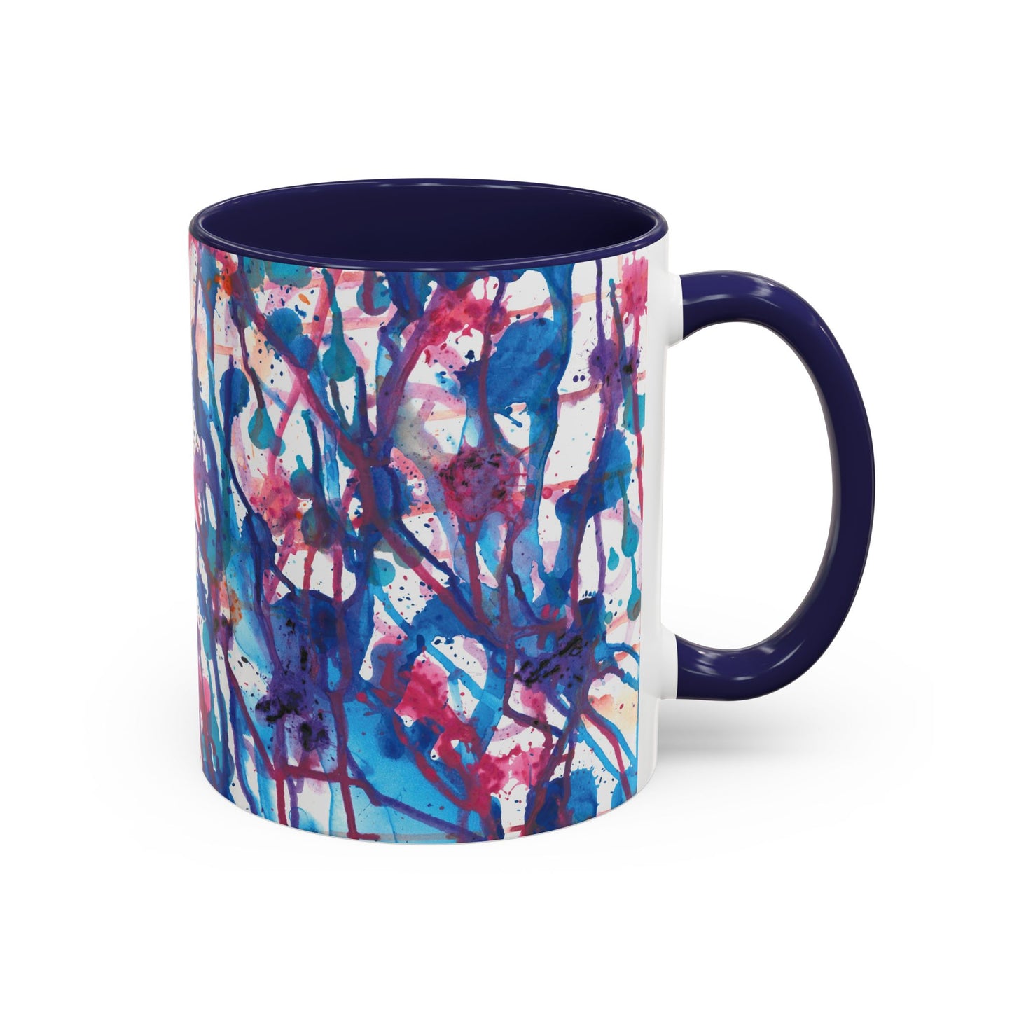 mug with navy inside and handle with an image of blue and pink splatters