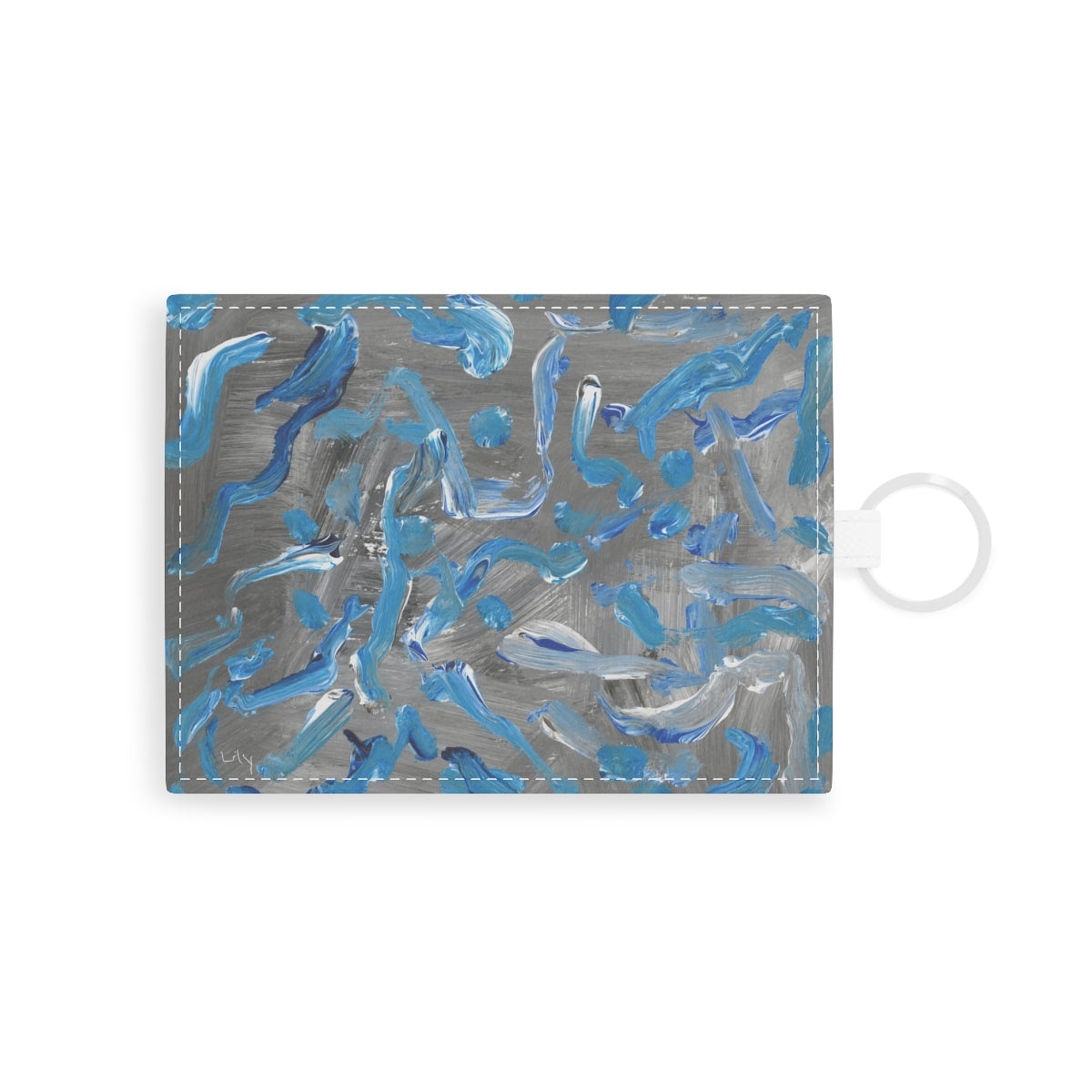 card holder of a Painting of various shades of blue squiggly lines on top of a gray background