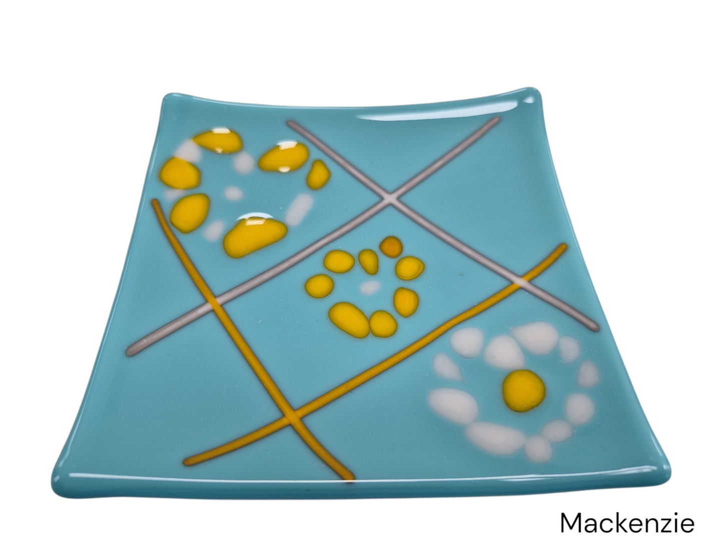 Colorful Light Blue Glass Plate with yellow dots.