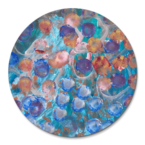 cutting board of a Painting of blue and goldih red dots on top of a bacground of teals