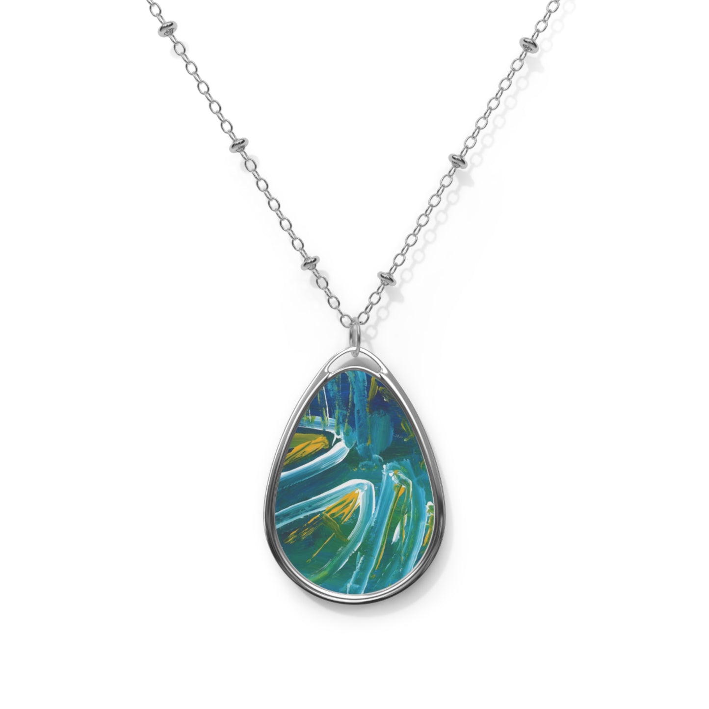 tear drop necklace with blue, yellow, and white art